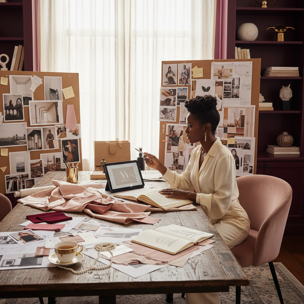 A behind-the-scenes, editorial-style image of a stylish Black woman reviewing mood boards, swatches, or sketches on a table. The space is softly lit with touches of linen cream, blush pink, and champagne gold, accented by crimson noir details. The scene feels visionary — part artist, part strategist — embodying purpose and passion. Think “building a brand, crafting a lifestyle."