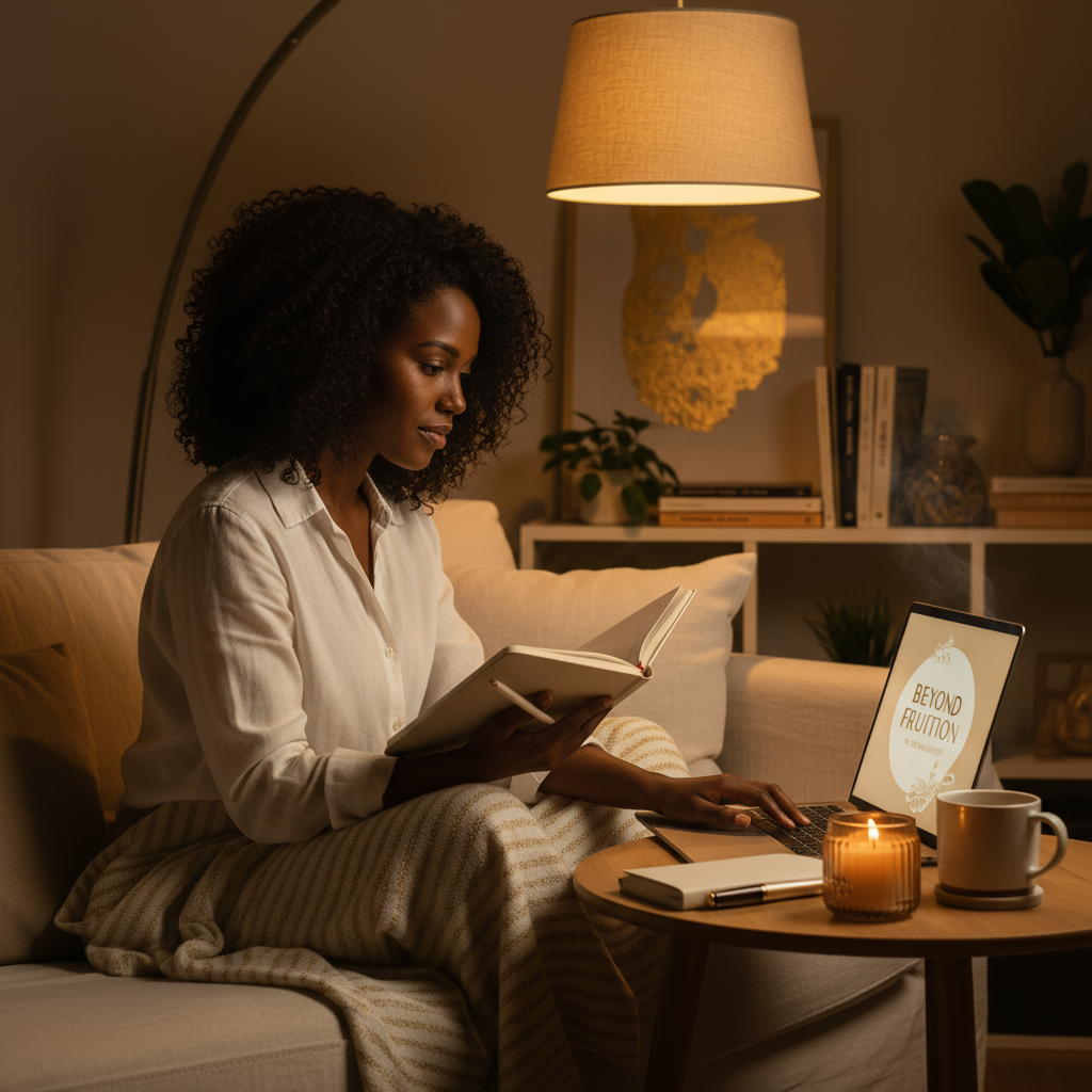 Editorial-style photo of a Black woman studying, journaling, or browsing online on her laptop or tablet in a cozy, softly lit space. She’s surrounded by hints of luxury — a mug of tea, gold pen, linen throw, maybe a candle flickering nearby. The mood is serene, inspired, and focused — reflecting the joy of learning, growing, and curating one’s life through Beyond Fruition resources like an e-book.