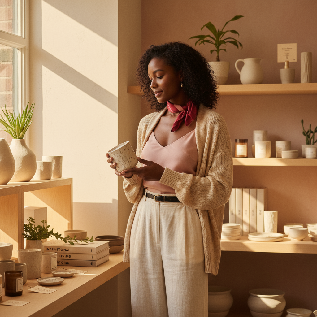 Warm, inviting lifestyle photo of a stylish Black woman shopping in a beautifully curated boutique or concept store. She’s thoughtfully browsing shelves or admiring home goods, candles, or books — dressed in soft tones of linen cream, blush pink, and champagne gold, with subtle accents of jet black or crimson noir. The lighting is golden and airy, evoking calm curiosity and inspiration. The image should convey discovery, joy, and intentional living — turning shopping into an elegant, mindful experience.