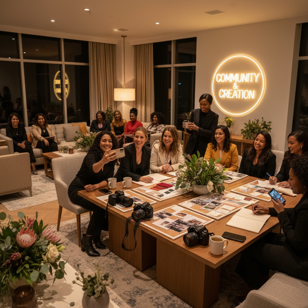 A warm, modern event space with diverse women of color and black women networking, laughing, taking photos, and collaborating. Tables with mood boards, cameras, flowers, and coffee. Soft ambient lighting, luxurious yet approachable aesthetic, candid moments of collaboration, joyful energy, inspiring community-building vibe.