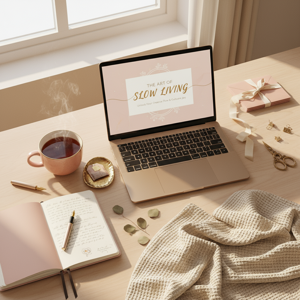 Flat-lay of a cozy, stylish workspace: open notebooks with handwritten notes, an elegant laptop displaying a blog or e-book cover, soft pink and gold stationery, a steaming cup of tea, and sunlight streaming through a window. Warm, intimate, inspiring, lifestyle-focused, aesthetically curated, modern but approachable.